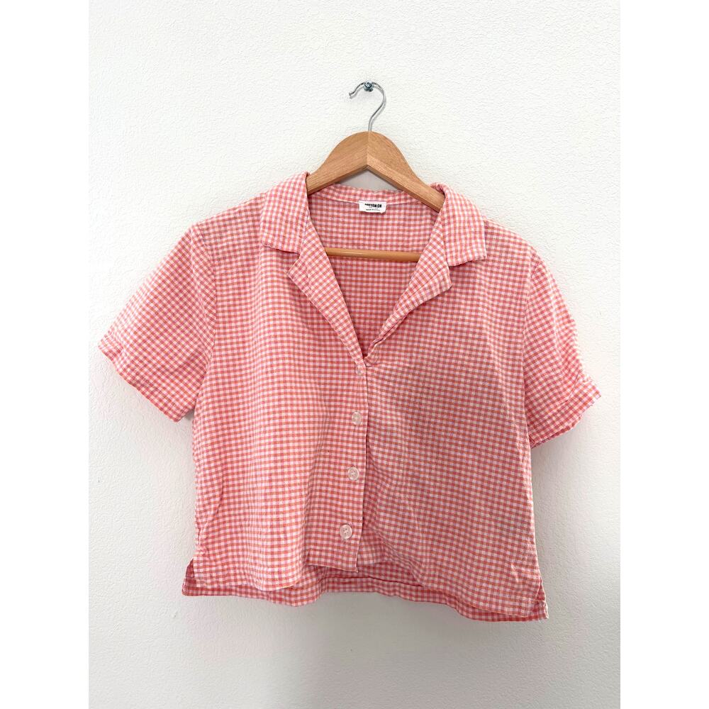 Cotton On Pink Coral Gingham Cropped Short Sleeve Button-Up Shirt Size XS